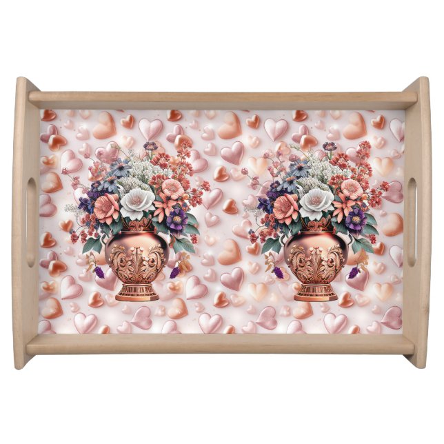 Rose Gold Hearts and Flowers Small Serving Tray (Front)
