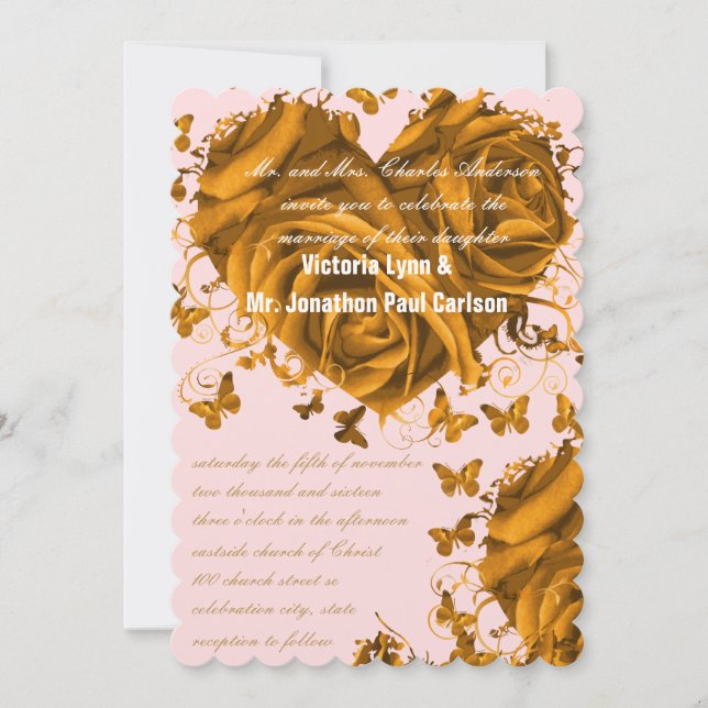 Rose Gold Hearts and Roses Wedding Invitation (Front)