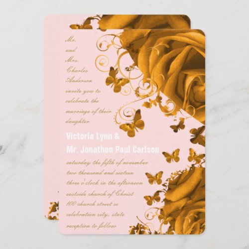 Rose Gold Hearts and Roses Wedding Invitation