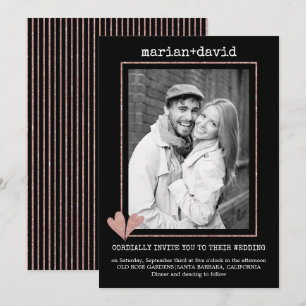 Rose gold hearts black wedding photo invitation