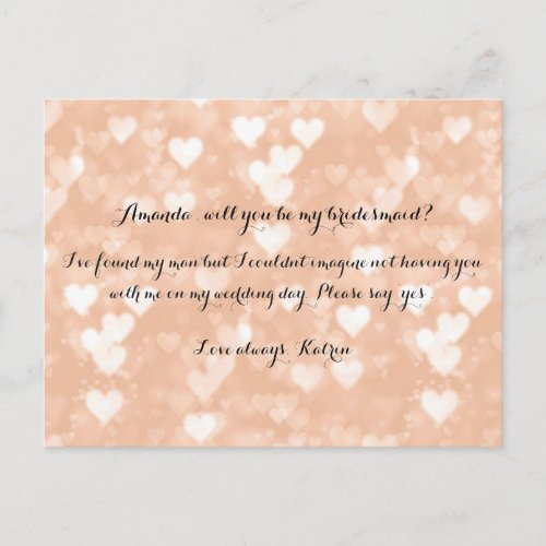 Rose Gold Hearts Blush Will You Be My Bridesmaid Invitation Postcard