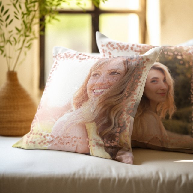 Rose Gold Hearts Border Photo Throw Pillow (Rose Gold Hearts Border Photo Throw Pillow)