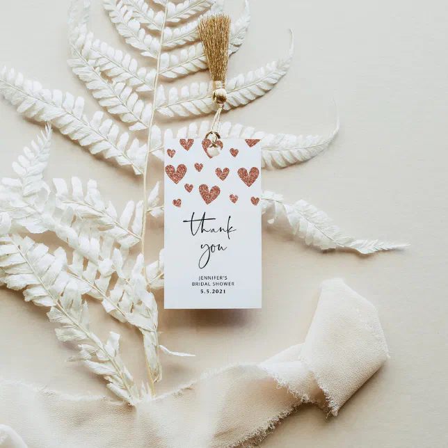 Rose gold hearts bridal shower thank you gift tags | Zazzle