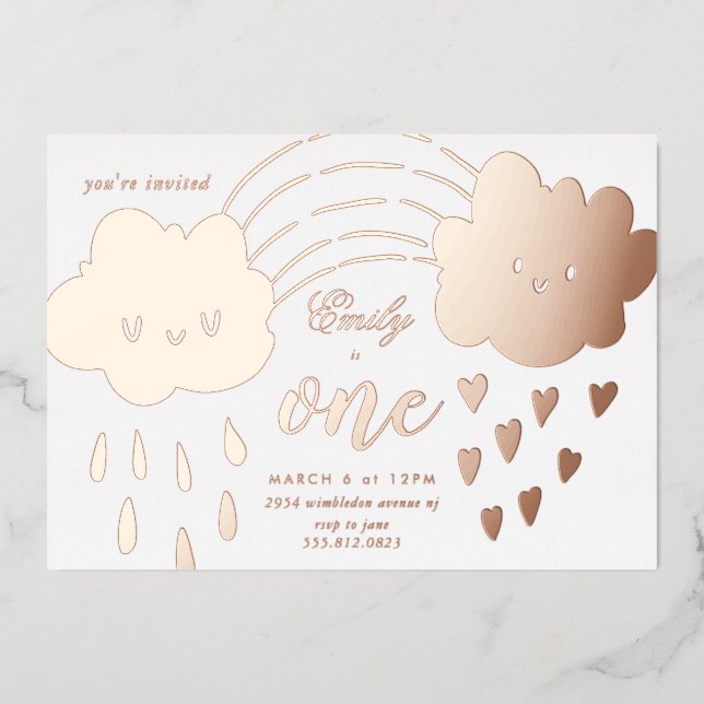 Rose Gold Hearts Over The Rainbow Birthday Foil In Invitation (Front)