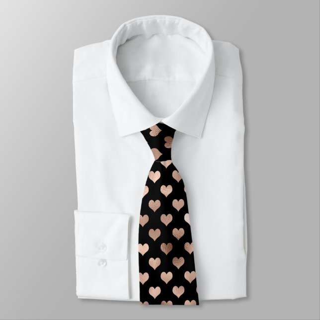 Rose Gold Hearts Pattern on Black Tie (Tied)