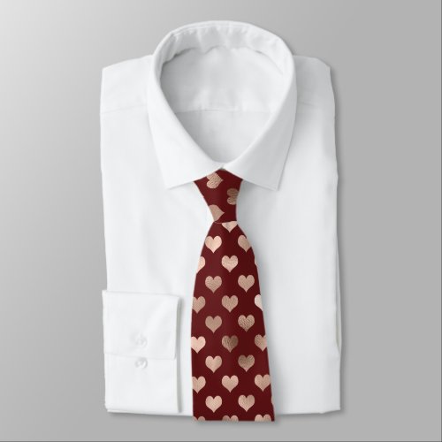 Rose Gold Hearts Pattern on Burgundy Tie