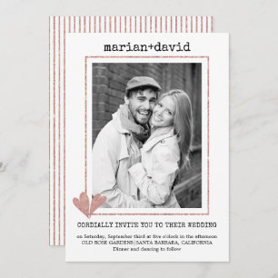 Rose gold hearts typewriter wedding photo invitation
