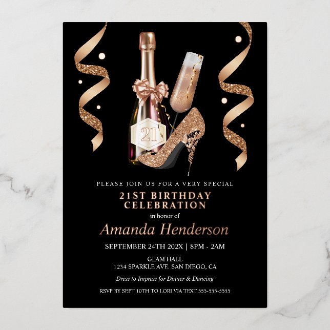 Rose Gold Heels and Champagne Women's Birthday Foil Invitation (Front)