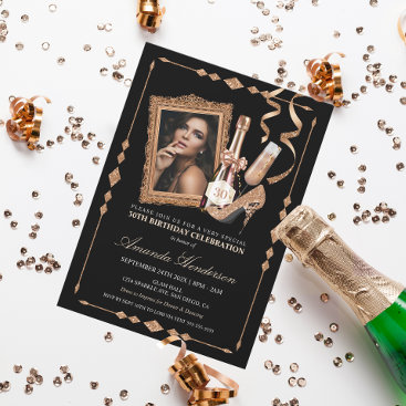 Rose Gold Heels and Champagne Women's Birthday Invitation