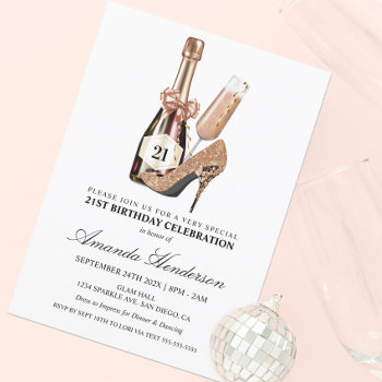 Rose Gold Heels And Champagne Women's Birthday Invitation by DBDM_Creations at Zazzle