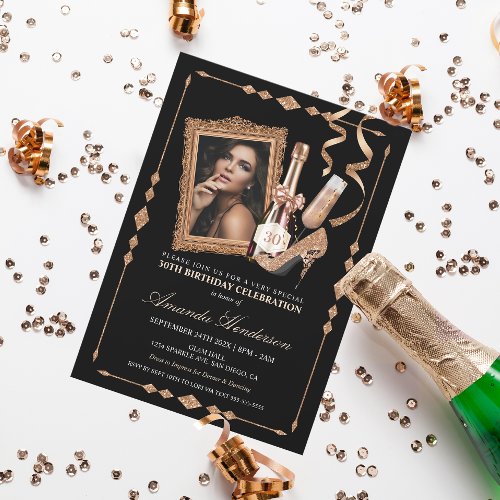Rose Gold Heels and Champagne Womens Birthday Invitation