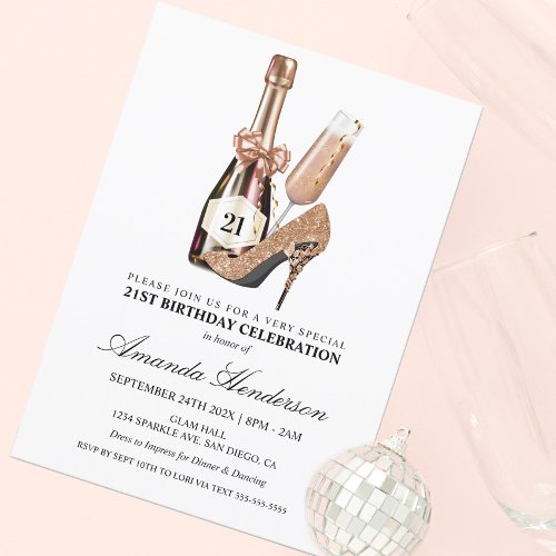 Rose Gold Heels and Champagne Womens Birthday Invitation