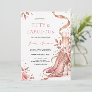 Rose Gold Heels Champagne Floral Birthday Invitation