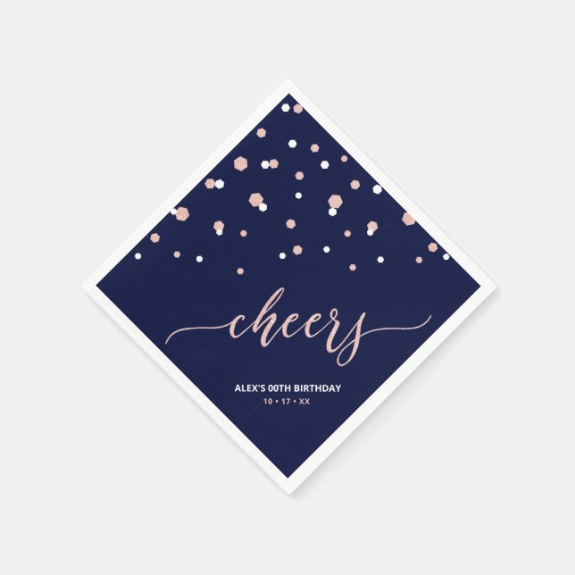 Rose gold Hexagon Confetti Cheers Custom Party Napkins (Corner)