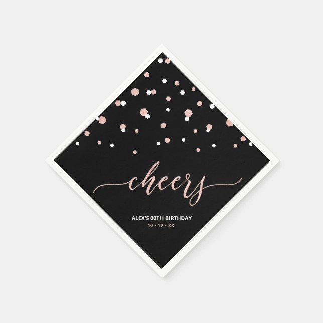 Rose gold Hexagon Confetti Cheers Custom Party Napkins (Corner)
