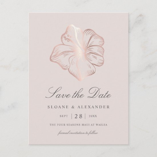 Rose Gold Hibiscus Flower Wedding Save the Date Announcement Postcard