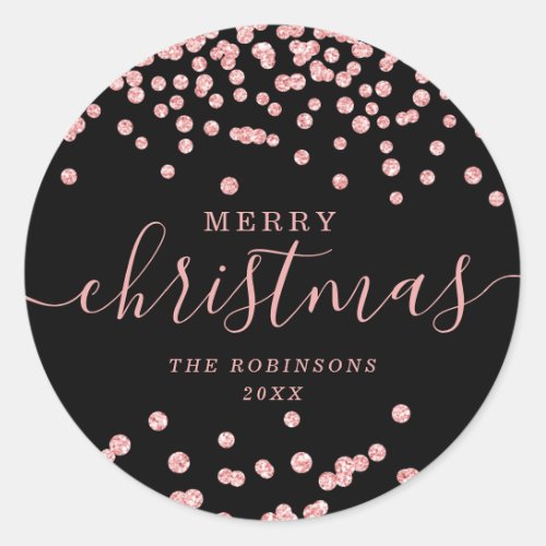 Rose Gold Holiday Christmas Glitter Confetti Black Classic Round Sticker