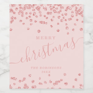 Rose Gold Holiday Christmas Glitter Confetti Blush Wine Label