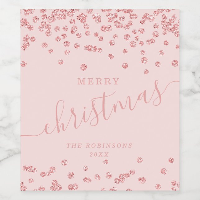 Rose Gold Holiday Christmas Glitter Confetti Blush Wine Label (Single Label)