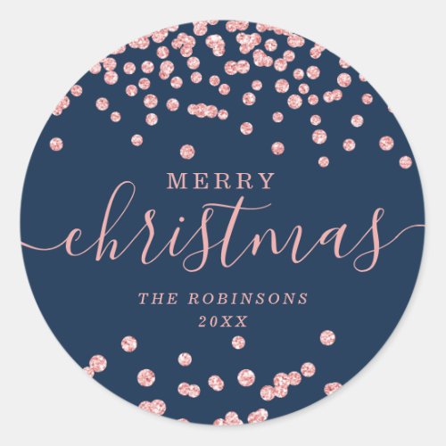 Rose Gold Holiday Christmas Glitter Confetti Navy Classic Round Sticker