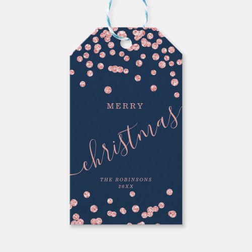 Rose Gold Holiday Christmas Glitter Confetti Navy Gift Tags