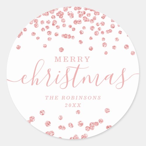 Rose Gold Holiday Christmas Glitter Confetti White Classic Round Sticker