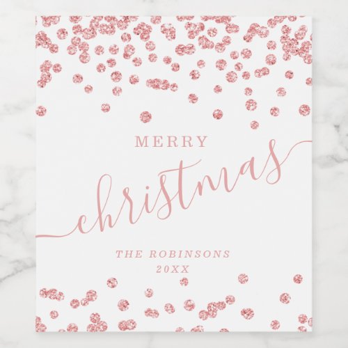 Rose Gold Holiday Christmas Glitter Confetti White Wine Label