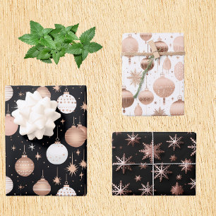 Rose Gold Holiday Metallic Ornaments Snowflakes Wrapping Paper Sheets
