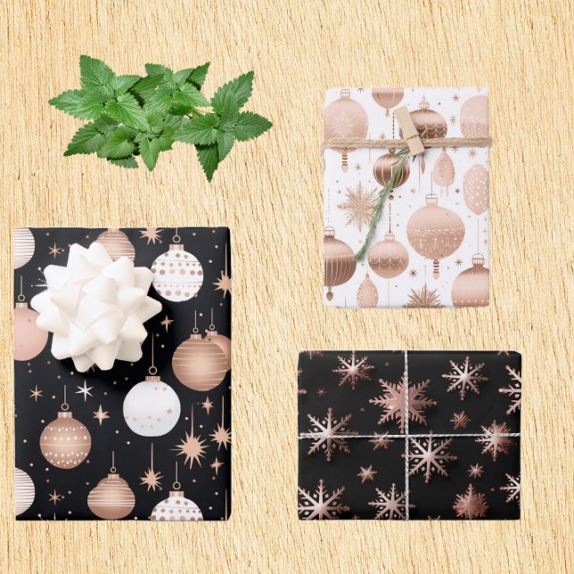 Rose Gold Holiday Metallic Ornaments Snowflakes Wrapping Paper Sheets (Creator Uploaded)