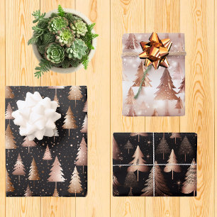 Rose Gold Holiday Metallic Trees Wrapping Paper Sheets