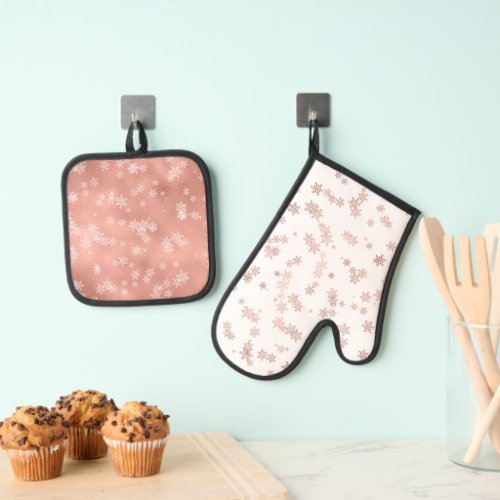 Rose Gold Holiday Snowflakes  Tree Christmas Oven Mitt  Pot Holder Set