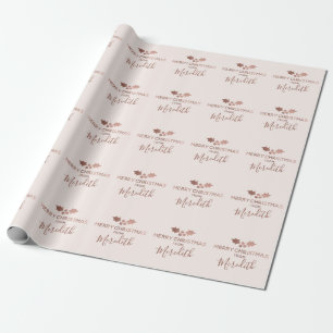 Rose Gold Holly Blush Merry Christmas Name Wrapping Paper