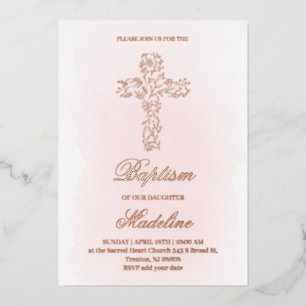 Rose Gold Holy cross Baptism Foil Invitation
