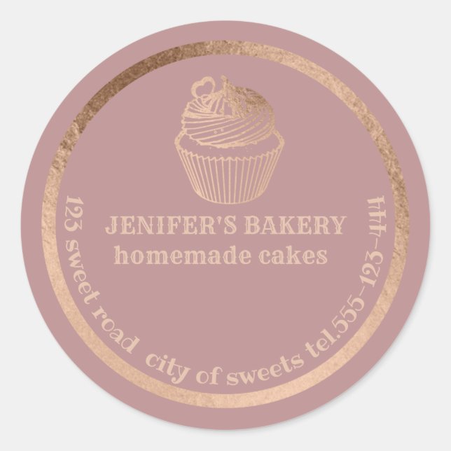 Rose gold Homemade cupcakes and treats packaging Classic Round Sticker (Front)