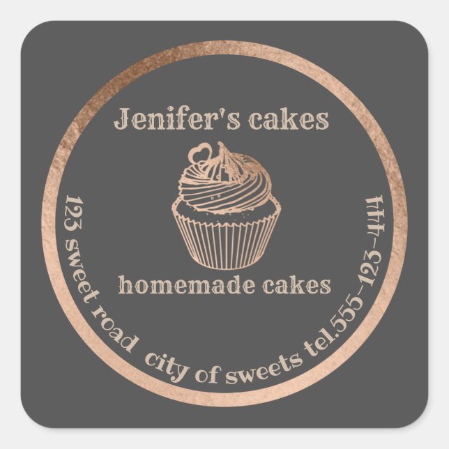 Rose gold Homemade cupcakes and treats packaging Square Sticker (Front)