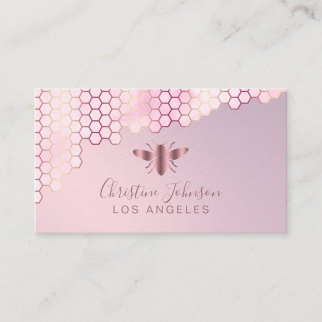rose gold honeycomb and bee logo business card (Front)