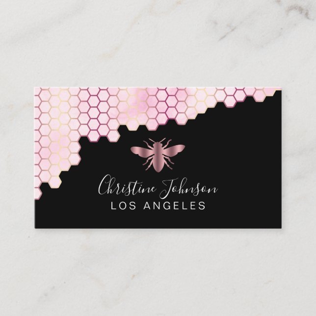 rose gold honeycomb and bee logo on black business card (Front)
