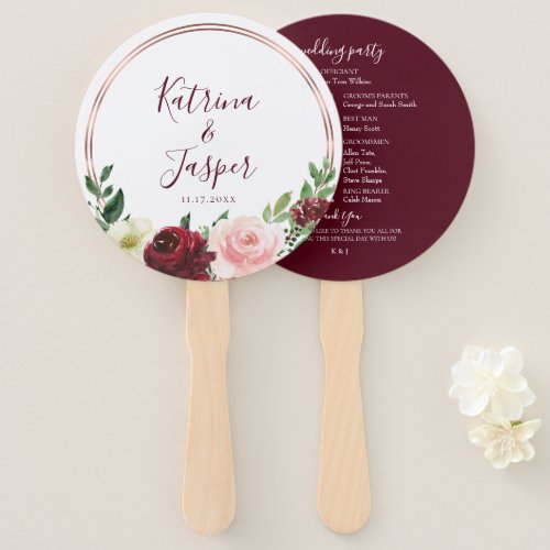 Rose Gold Hoop Burgundy Blush Floral Wedding Hand Fan