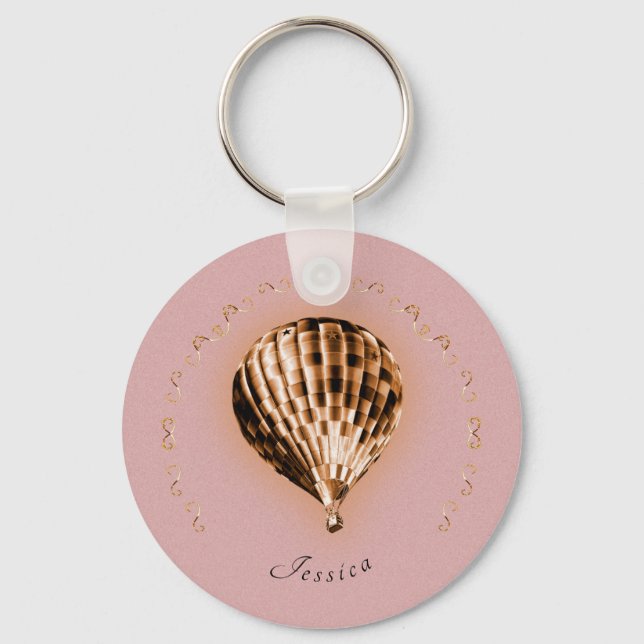 Rose Gold Hot Air Balloon with Name and Scrolls  Keychain (Front)
