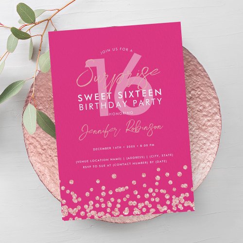 Rose Gold Hot Pink Glitter Surprise Sweet 16  Invitation