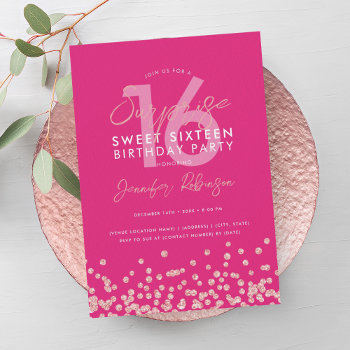 Rose Gold Hot Pink Glitter Surprise Sweet 16  Invitation by Rewards4life at Zazzle