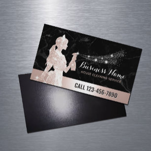 Rose Gold House Cleaning Black Marble Business Card Magnet