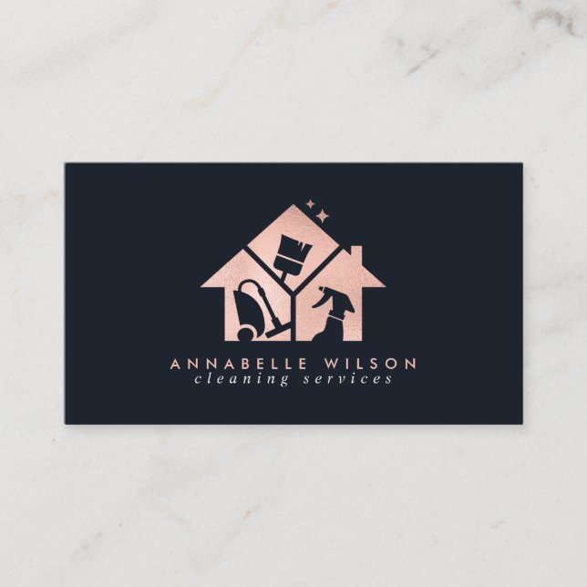 Rose Gold House Cleaning Services Business Card (Front)