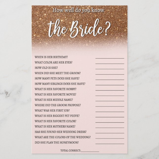 Rose Gold How Well Do You Know the Bride Game Flyer (Front)