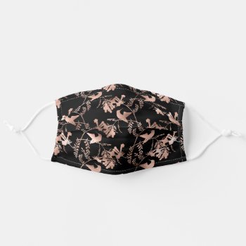 Rose Gold Hummingbird Pattern On Black Adult Cloth Face Mask by AvenueCentral at Zazzle