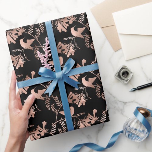 Rose Gold Hummingbird Pattern on Black Wrapping Paper