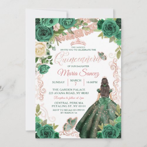 Rose Gold Hunter Green Mexican Floral Quinceaera Invitation