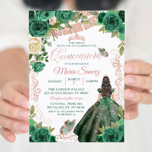 Rose Gold Hunter Green Mexican Floral Quinceañera Invitation