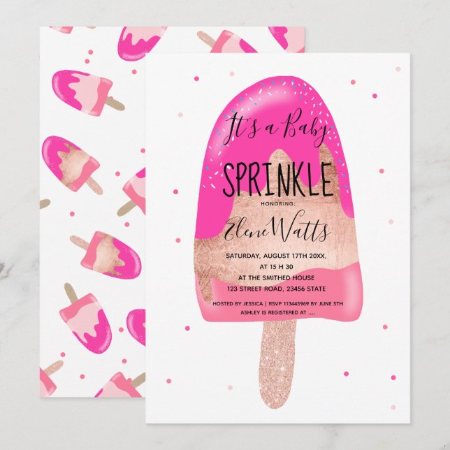 Rose gold ice cream summer baby sprinkle shower invitation (Front/Back)