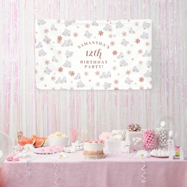 Rose Gold Ice Skates Blush Pink Skating Birthday Banner (Party)